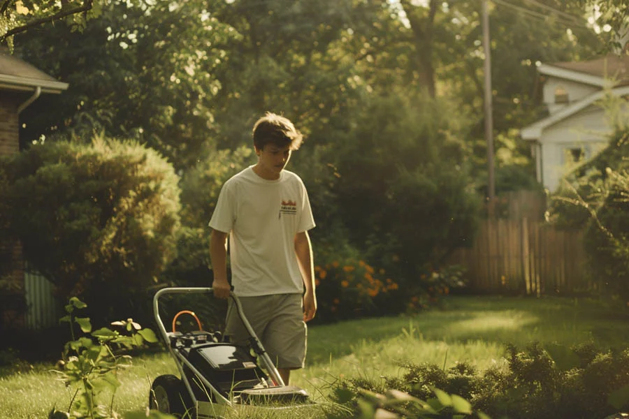 self-propelled electric lawn mower with battery and charger