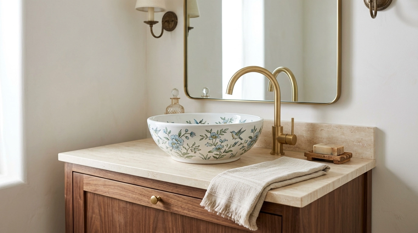 Flower & Bird Ceramic Vessel Sink with Gold Faucet